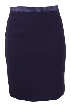 Purple wool-blend pull-on knee-length pencil skirt with tonal satin waistband
