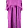 Rachel Comey 3/4 sleeve wool mix tent dress, with low V neck back in a moire jacquard purple fabric.