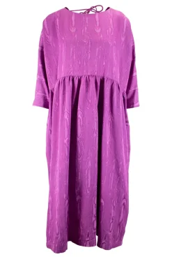 Rachel Comey 3/4 sleeve wool mix tent dress, with low V neck back in a moire jacquard purple fabric.