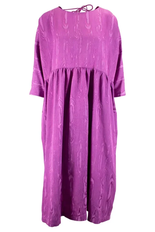 Rachel Comey 3/4 sleeve wool mix tent dress, with low V neck back in a moire jacquard purple fabric.