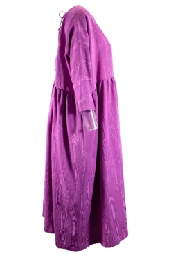 Rachel Comey 3/4 sleeve wool mix tent dress, with low V neck back in a moire jacquard purple fabric.