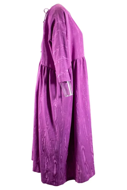 Rachel Comey 3/4 sleeve wool mix tent dress, with low V neck back in a moire jacquard purple fabric.
