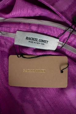 Rachel Comey 3/4 sleeve wool mix tent dress, with low V neck back in a moire jacquard purple fabric.
