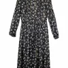 Raquel mid-length button up silk dress in black with white circles and gold detailing