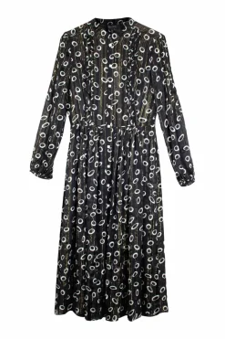 Raquel mid-length button up silk dress in black with white circles and gold detailing