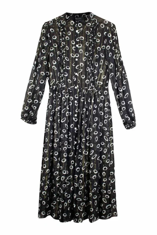 Raquel mid-length button up silk dress in black with white circles and gold detailing
