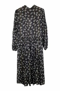 Raquel mid-length button up silk dress in black with white circles and gold detailing