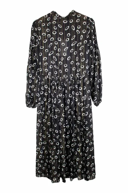 Raquel mid-length button up silk dress in black with white circles and gold detailing