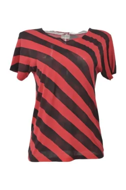 Red and black bias-cut jersey knit stripe crewneck pullover T-shirt