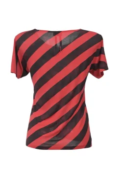 Red and black bias-cut jersey knit stripe crewneck pullover T-shirt