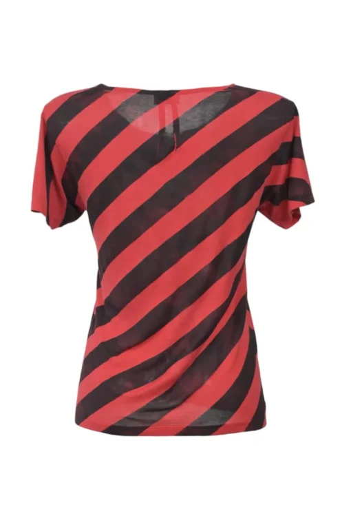 Red and black bias-cut jersey knit stripe crewneck pullover T-shirt