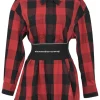 Red and black cotton buffalo check flannel shirt dress with elasticated logo waistband