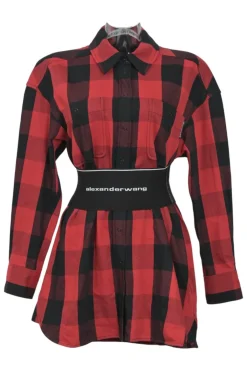 Red and black cotton buffalo check flannel shirt dress with elasticated logo waistband
