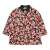 Red and black cotton-blend floral print classic collar zip-front oversized short sleeve shirt