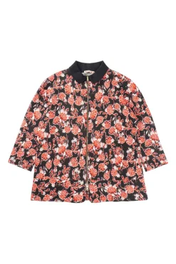 Red and black cotton-blend floral print classic collar zip-front oversized short sleeve shirt