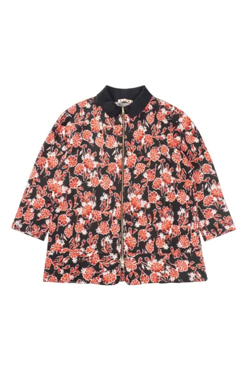 Red and black cotton-blend floral print classic collar zip-front oversized short sleeve shirt