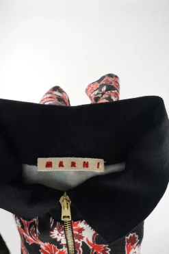 Red and black cotton-blend floral print classic collar zip-front oversized short sleeve shirt