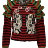 Red and black embellished wool striped rib knit pullover ruffle sweater featuring novelty broderie motif