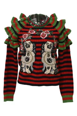 Red and black embellished wool striped rib knit pullover ruffle sweater featuring novelty broderie motif