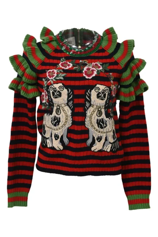 Red and black embellished wool striped rib knit pullover ruffle sweater featuring novelty broderie motif