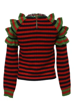 Red and black embellished wool striped rib knit pullover ruffle sweater featuring novelty broderie motif