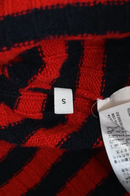 Red and black embellished wool striped rib knit pullover ruffle sweater featuring novelty broderie motif
