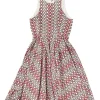 red and black print cotton sleeveless dress with flared skirt