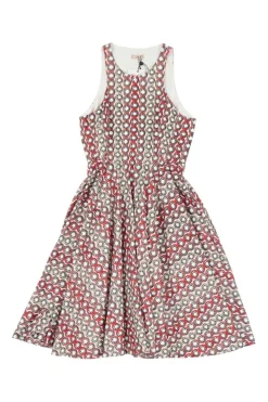red and black print cotton sleeveless dress with flared skirt