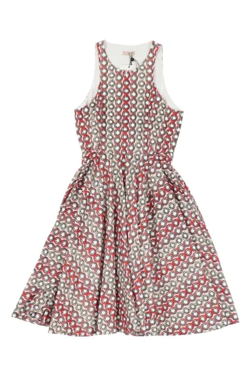 red and black print cotton sleeveless dress with flared skirt