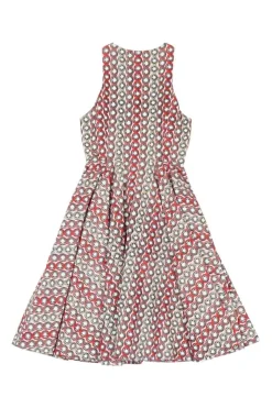 red and black print cotton sleeveless dress with flared skirt