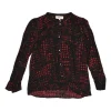 Red and black silk abstract check print band collar button-front blouse