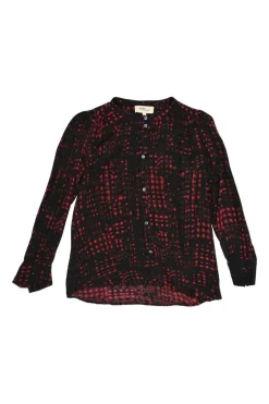 Red and black silk abstract check print band collar button-front blouse