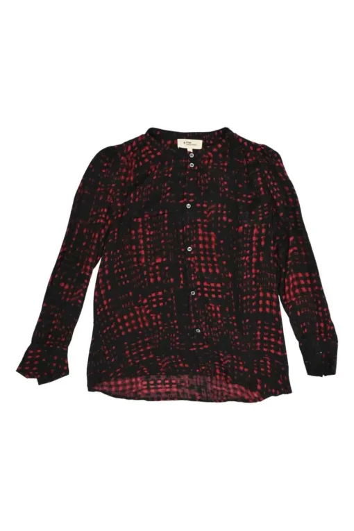 Red and black silk abstract check print band collar button-front blouse