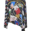 Red and black silk abstract flag print long sleeve swing-style blouse with asymmetric hem
