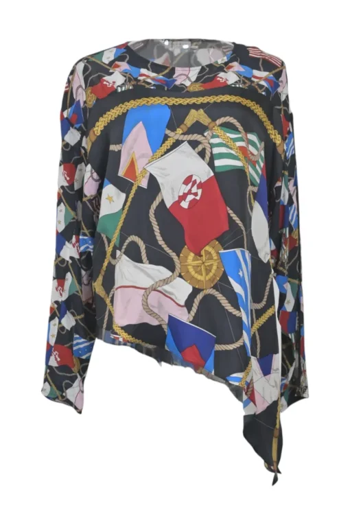 Red and black silk abstract flag print long sleeve swing-style blouse with asymmetric hem