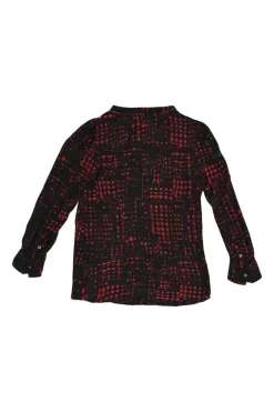 Red and black silk abstract check print band collar button-front blouse