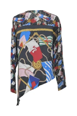 Red and black silk abstract flag print long sleeve swing-style blouse with asymmetric hem