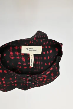 Red and black silk abstract check print band collar button-front blouse