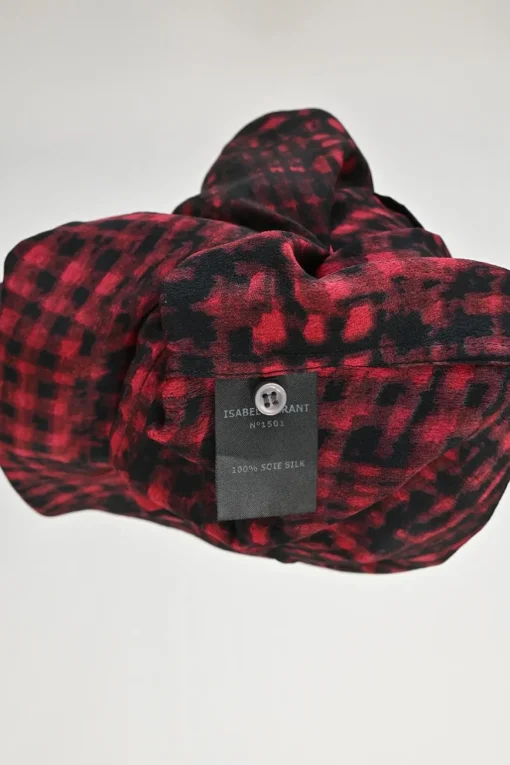 Red and black silk abstract check print band collar button-front blouse
