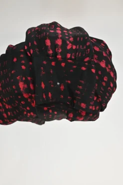 Red and black silk abstract check print band collar button-front blouse
