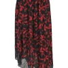 Red and black viscose leaf Ikat print Joslin asymmetric midi skirt