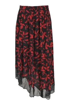 Red and black viscose leaf Ikat print Joslin asymmetric midi skirt