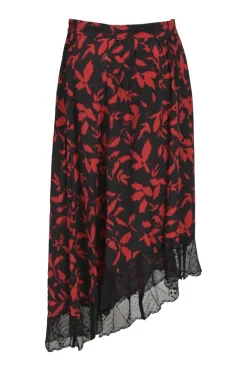 Red and black viscose leaf Ikat print Joslin asymmetric midi skirt