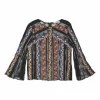 Red and blue embroidered nylon peek-a-boo flounce sleeve top with contrasting lace inserts