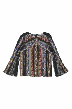 Red and blue embroidered nylon peek-a-boo flounce sleeve top with contrasting lace inserts