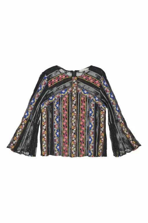 Red and blue embroidered nylon peek-a-boo flounce sleeve top with contrasting lace inserts