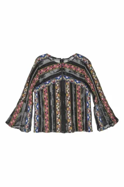 Red and blue embroidered nylon peek-a-boo flounce sleeve top with contrasting lace inserts