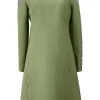Red and green scalloped wool-silk blend long sleeve A-line mini dress with semi-sheer mesh insert