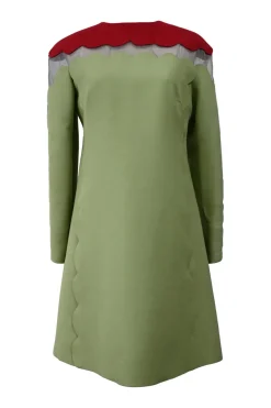Red and green scalloped wool-silk blend long sleeve A-line mini dress with semi-sheer mesh insert