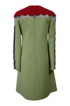 Red and green scalloped wool-silk blend long sleeve A-line mini dress with semi-sheer mesh insert